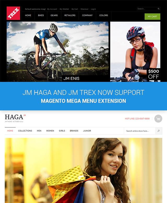 Magento themes JM Haga and JM Trex now support Magento Mega Menu Extension