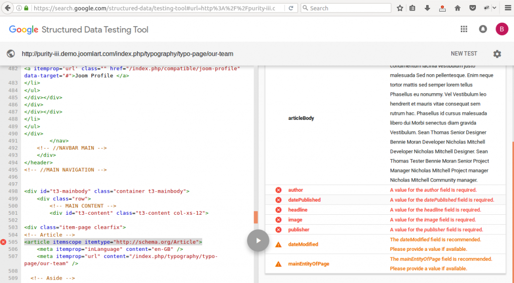 Error when testing with Google structured data testing tool - JoomlArt