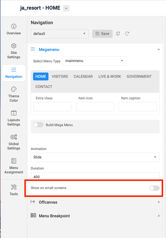 Can't get Offcanvas menu to show on mobile screens. - Support Central
