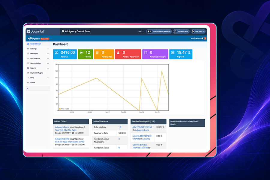 Ad Agency Pro — Joomla 6 advertising admin dashboard