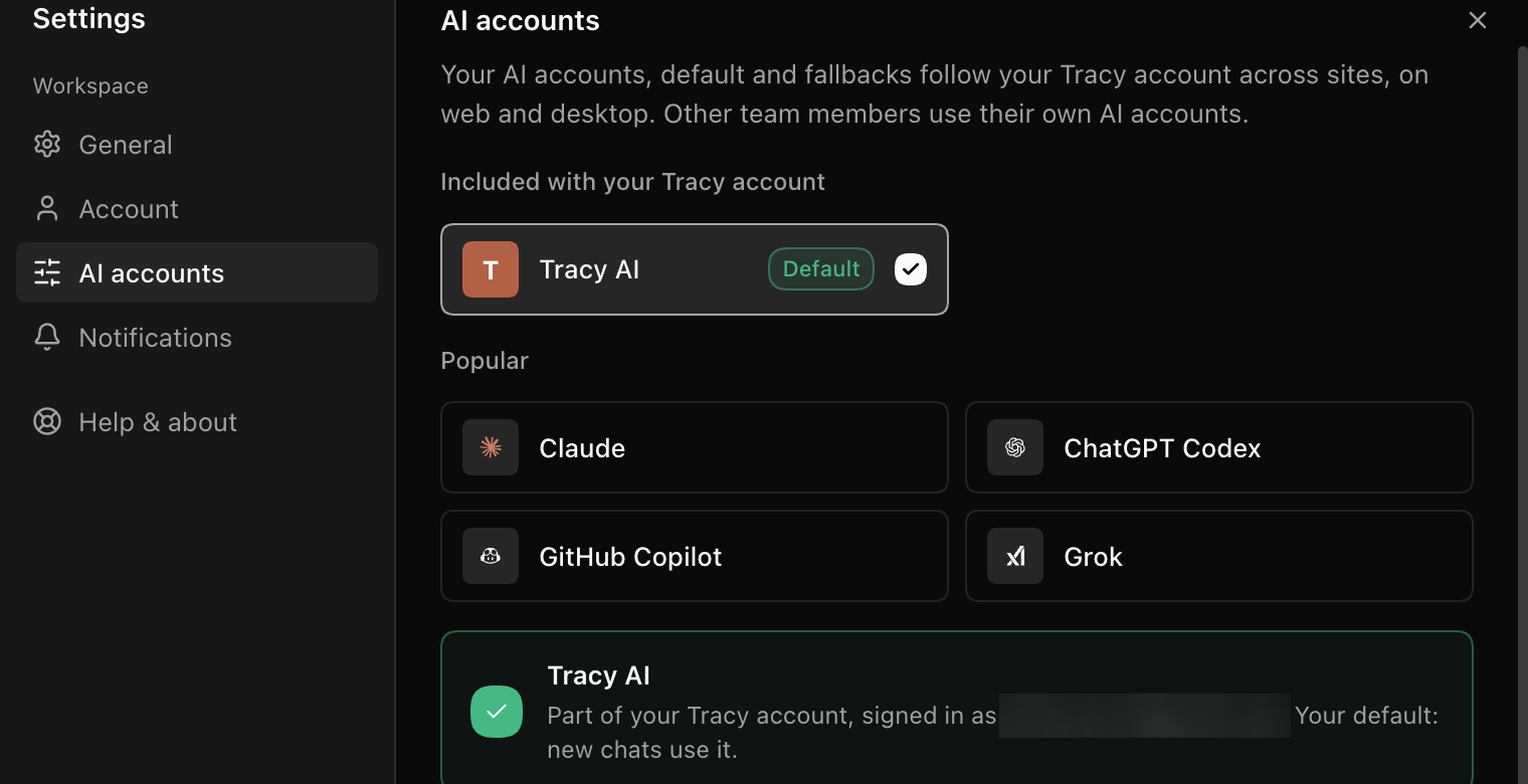 AI accounts settings with Tracy AI as the default and Claude, ChatGPT Codex, GitHub Copilot and Grok ready to connect