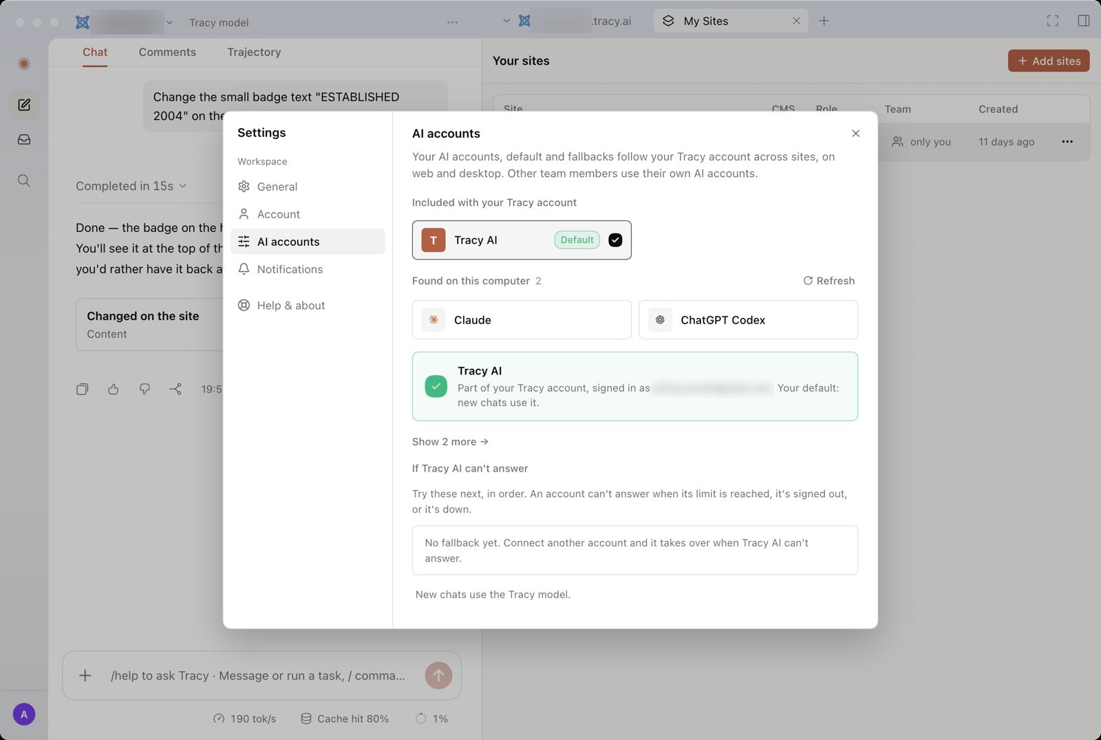 The Tracy Cowork desktop app on Mac, with Claude and ChatGPT Codex found on this computer