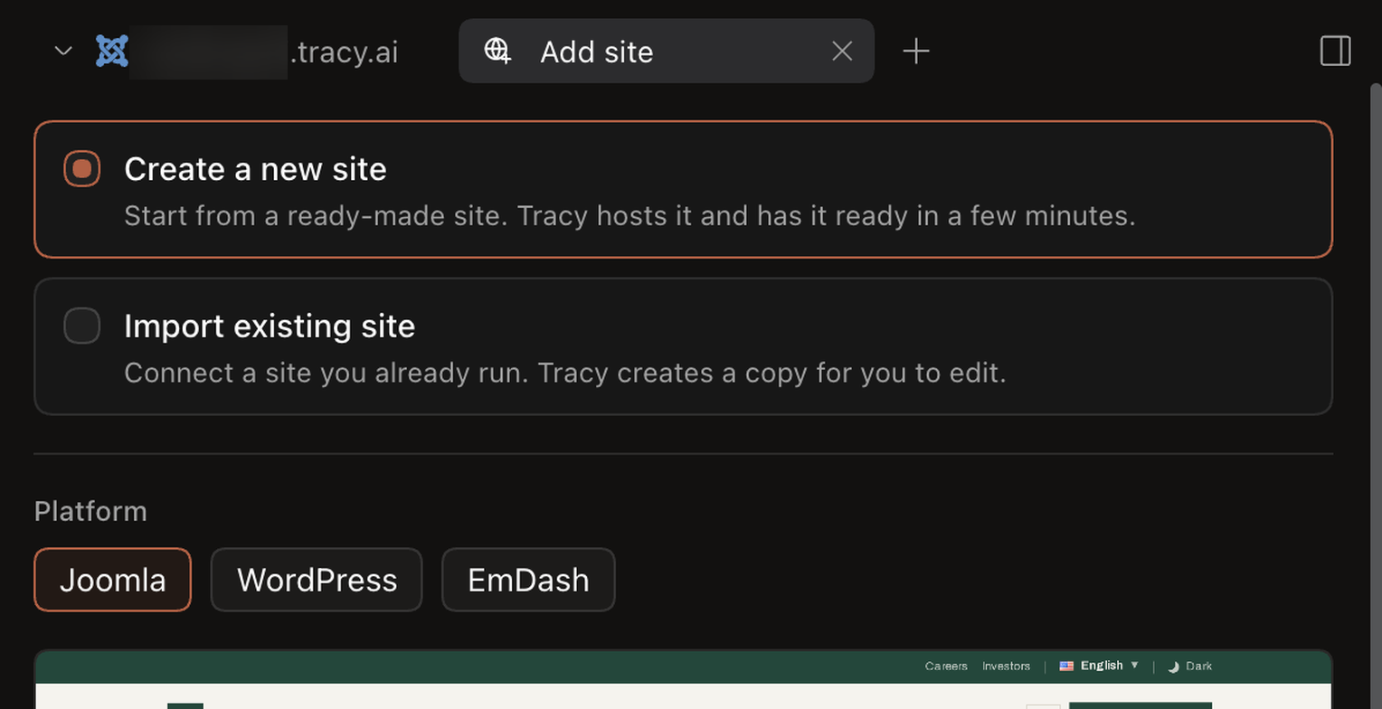 Add site: create a new site or import an existing one, then pick a platform