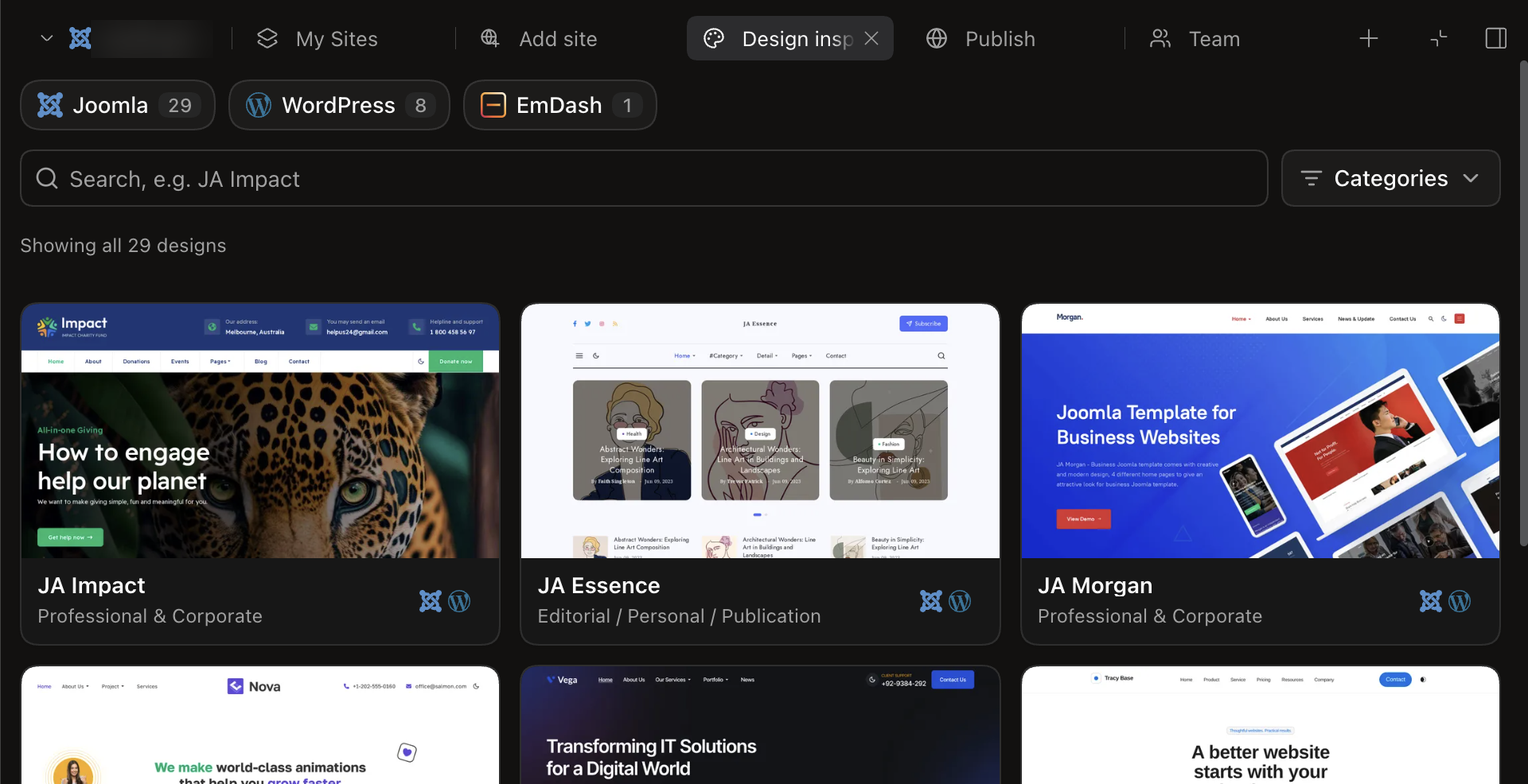 Design inspirations library with JoomlArt and Tracy designs for Joomla, WordPress and EmDash