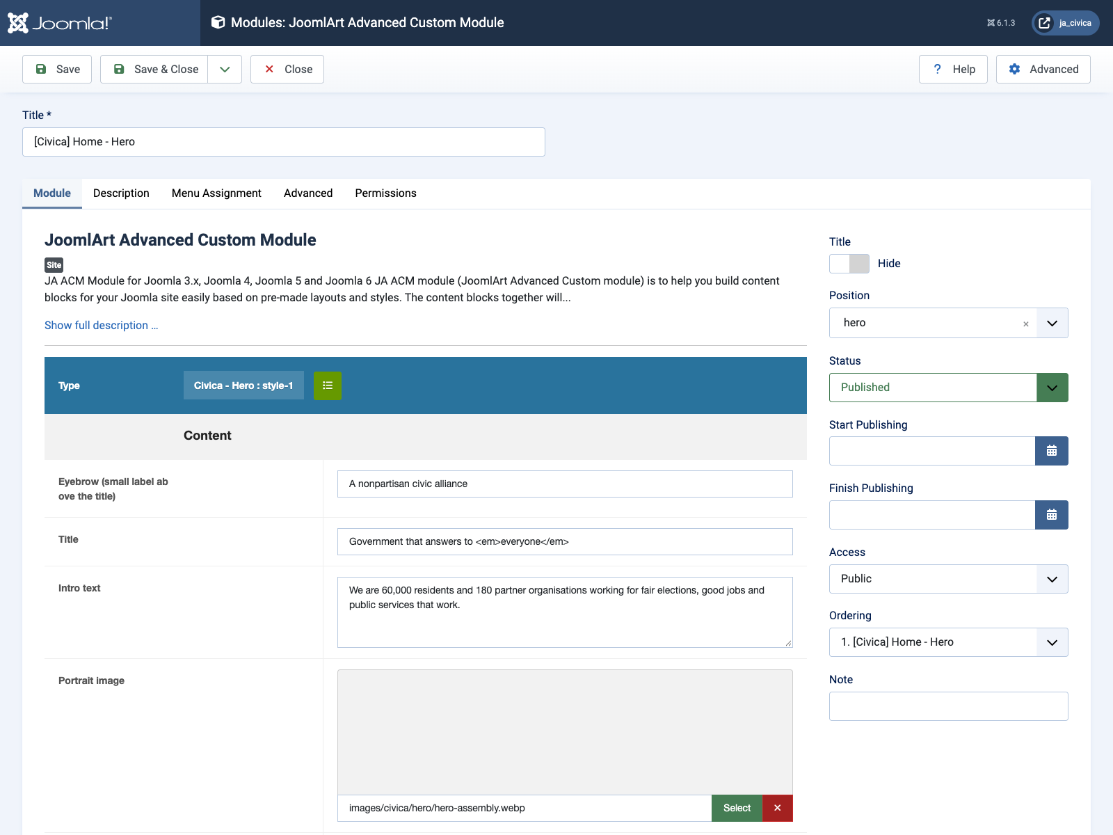 JA Civica ACM module edit form