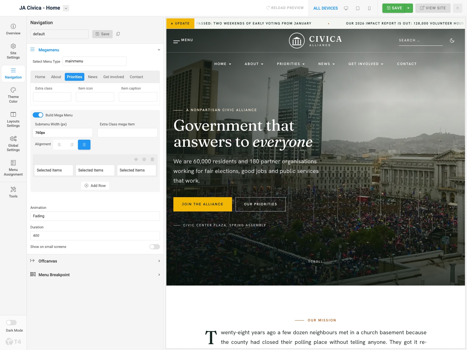 JA Civica admin Navigation Megamenu settings for Priorities