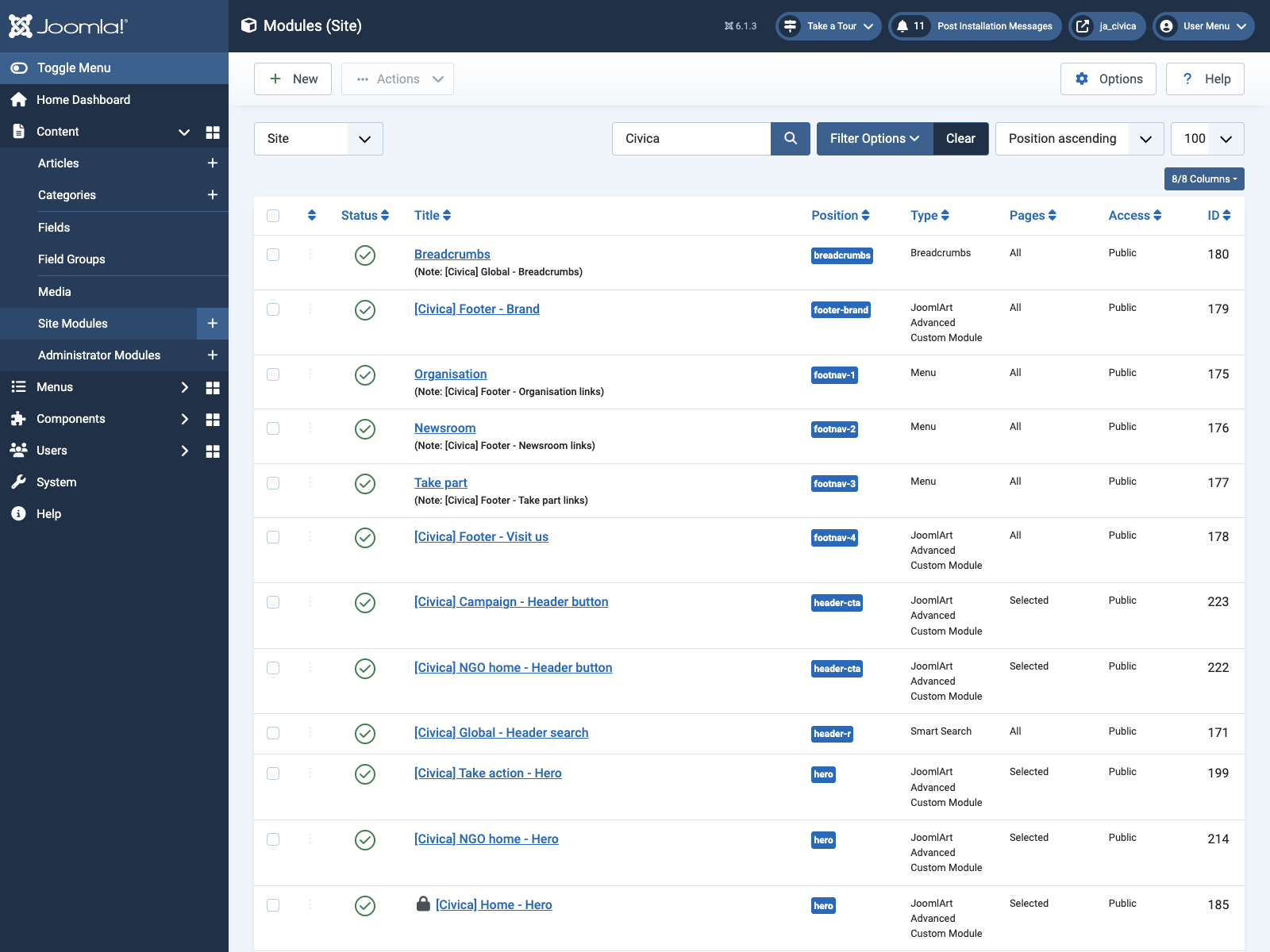 JA Civica ACM modules in Site Modules