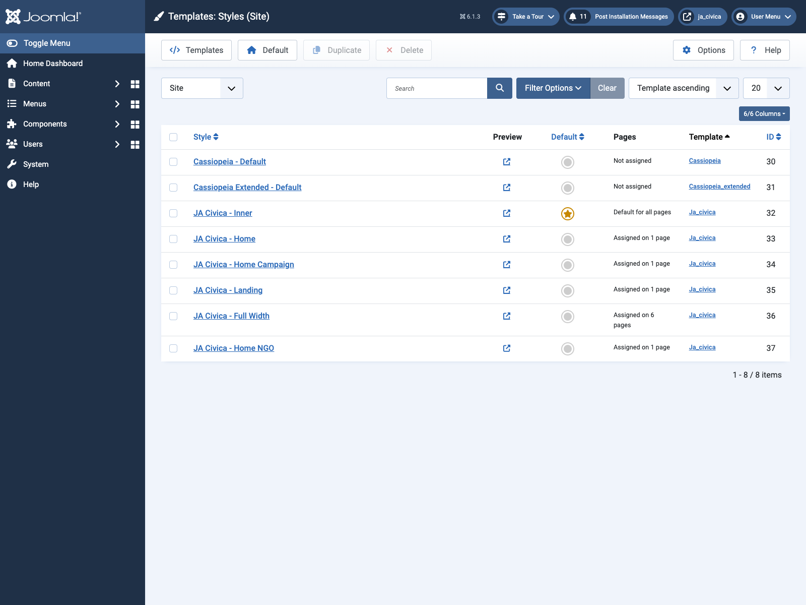 JA Civica template styles in the administrator