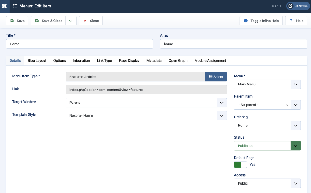 Joomla menu settings