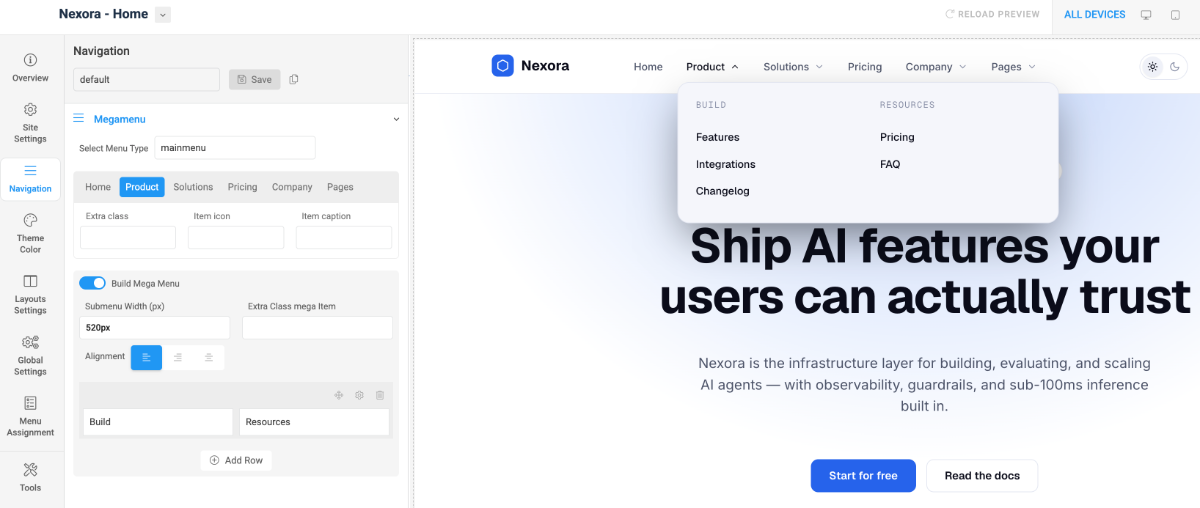Joomla template megamenu setting