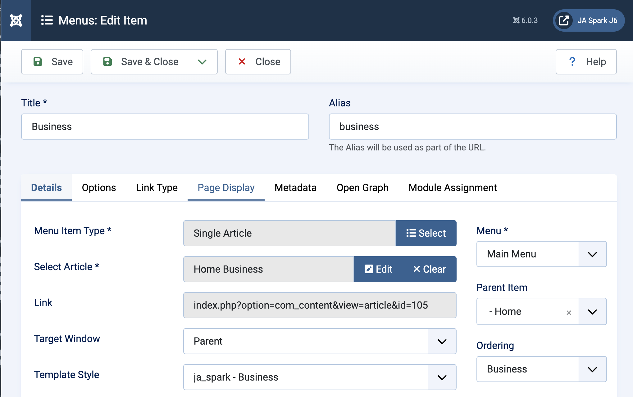 Joomla menu settings