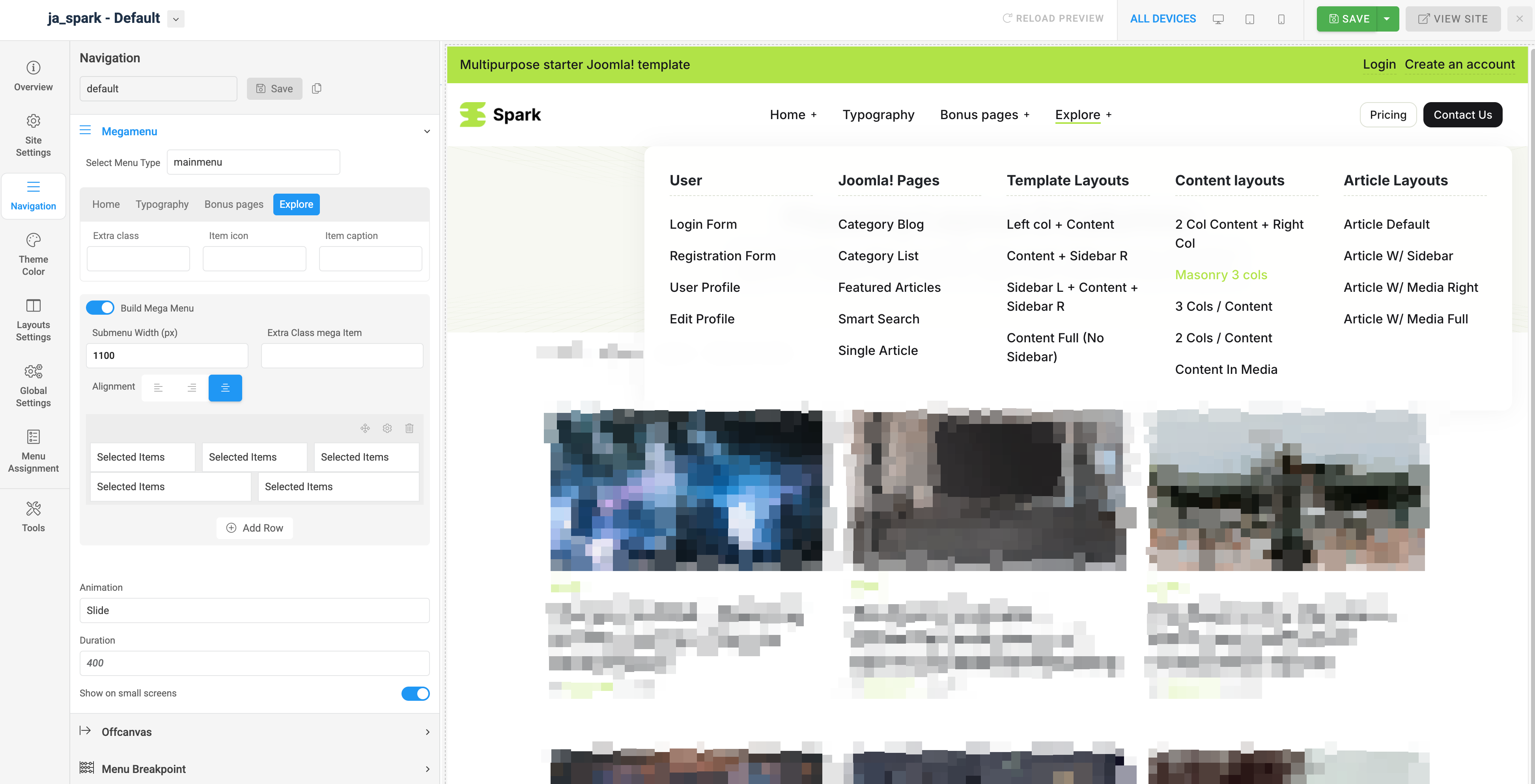 Joomla template megamenu setting