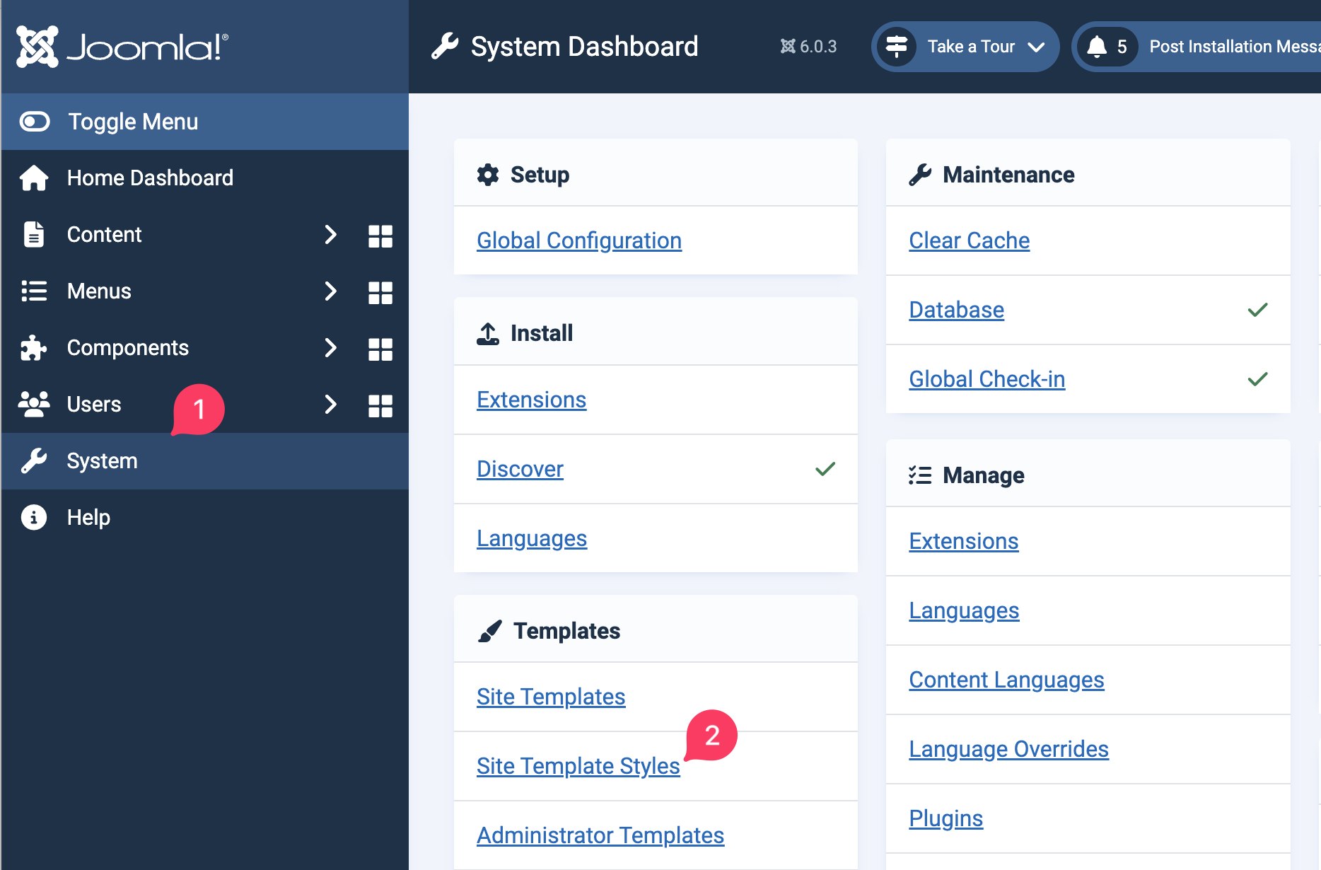 Joomla template style access panel