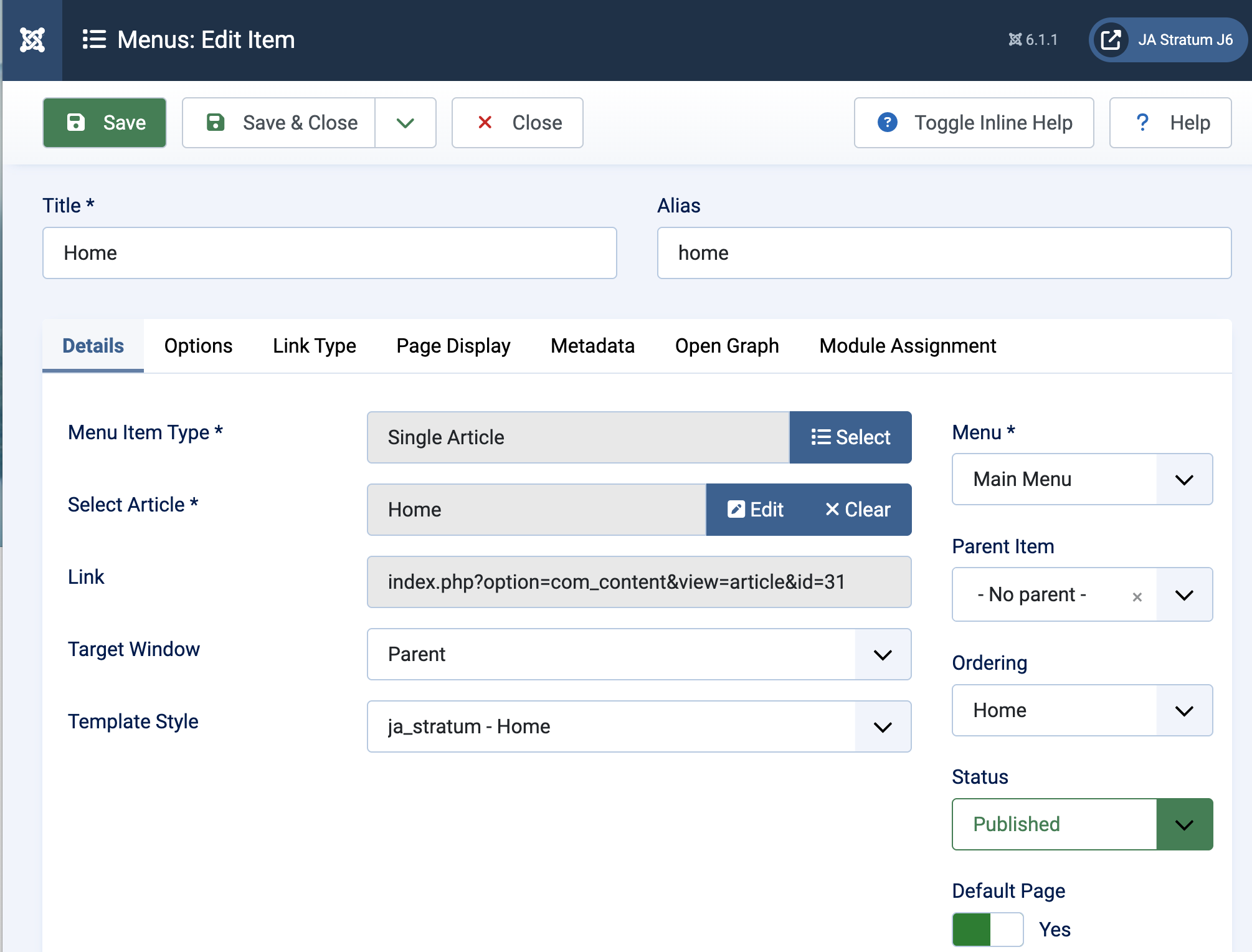 Joomla menu settings
