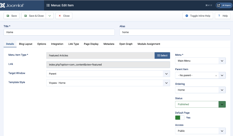 Joomla menu settings