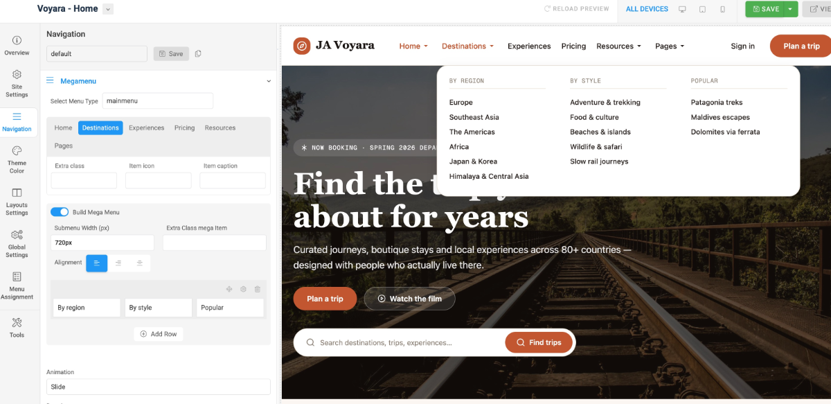 Joomla template megamenu setting