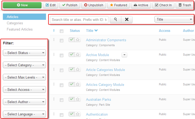 Filter friendly and defined icons in Article Manager